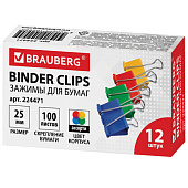 Зажимы для бумаг BRAUBERG, комплект 12 шт., 25 мм, на 100 л., цветные, в картонной коробке, 224471